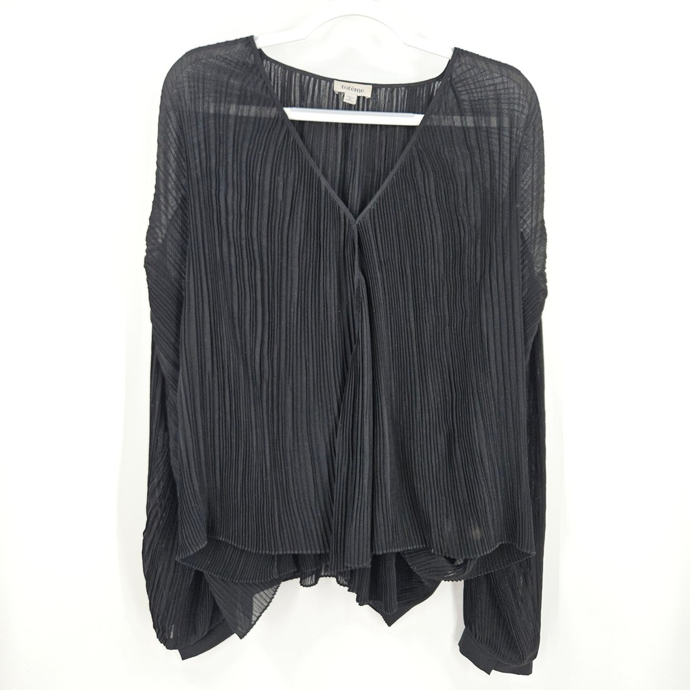 Toteme Accordion Pleated Wrap Blouse Womens Black Sheer Draped Long Sleeve Sz M